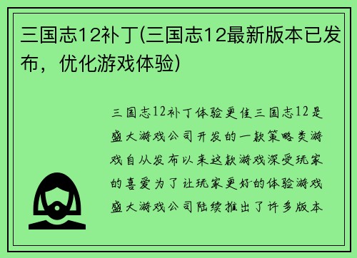 三国志12补丁(三国志12最新版本已发布，优化游戏体验)